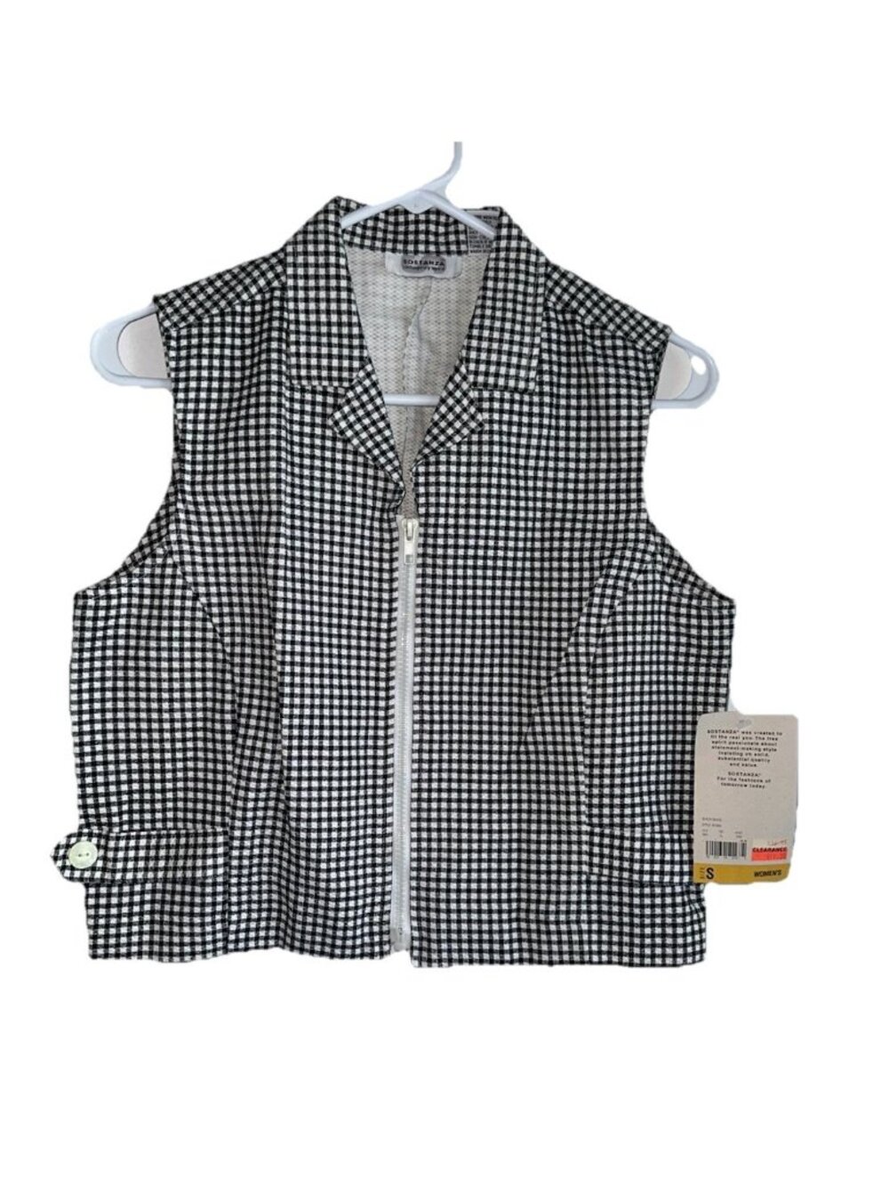 VTG NWT Sostanza Women’s Sleeveless Zip Top Sz S Black White Gingham Retro 90s